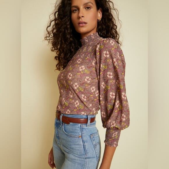 Nation LTD Sandrine Boheme Tee Floral Smocked Open Back Long Sleeve Blouse L - Picture 2 of 7